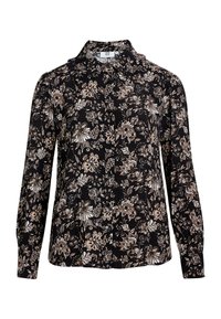Blusa negra con estampado floral de mangas largas, que presenta flores en tonos beige y blanco. Diseño con cuello, cierre de botones y detalles plisados en los hombros.