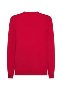 Maglione rosso a maglia, maniche lunghe, collo rotondo, polsini e fondo a costine. Tessuto liscio di un colore uniforme, senza motivi o dettagli.