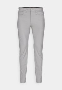 Pantaloni slim-fit grigi realizzati in un misto cotone, con cinque tasche, passanti per cintura e chiusura con bottone su zip.