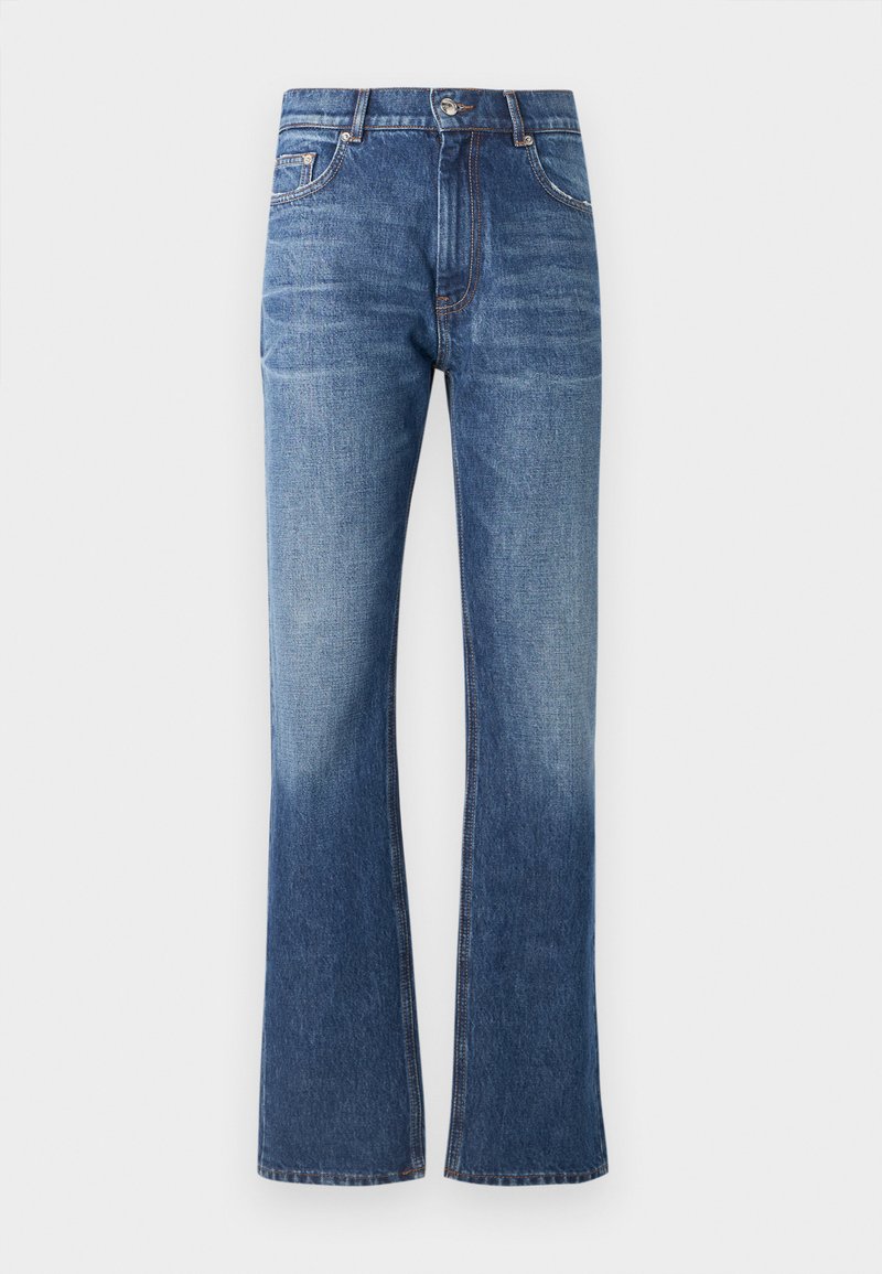 Jean en denim bleu évasé avec une taille haute, décoloration subtile, cinq poches et couture en cuivre sur les coutures. Design classique de jambe droite.
