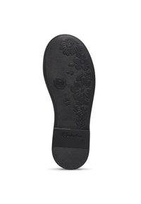 Sole di scarpa in gomma nera con motivo floreale, linee di presa testurizzate e un'etichetta. Presenta disegni di fiori e un marcatore circolare per le taglie.