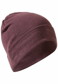 Purple knit beanie with a soft texture, rounded crown, and a folded cuff for a snug fit. Seamless design for a streamlined appearance.