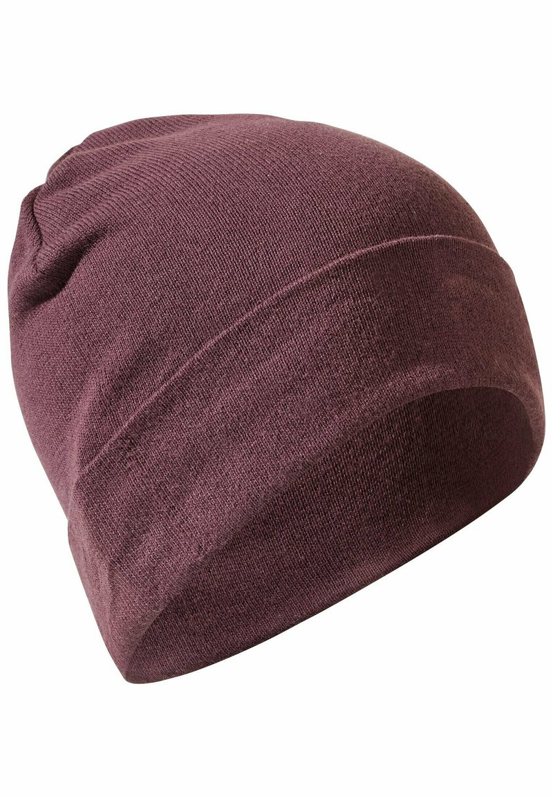 Purple knit beanie with a soft texture, rounded crown, and a folded cuff for a snug fit. Seamless design for a streamlined appearance.