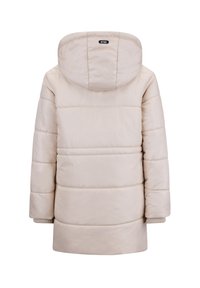 Beige gewatteerde winterjas met een capuchon, voorzien van geribde manchetten en een horizontaal quiltpatroon. Het materiaal lijkt glad en waterafstotend.