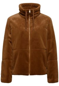 Veste marron en peluche zippée avec col haut et cordons, manches longues et texture douce et matelassée.
