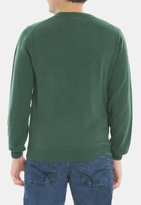 Felpa verde a maniche lunghe con colletto a girocollo, realizzata in un materiale morbido, con polsini e orlo a costine, abbinata a jeans in denim blu.