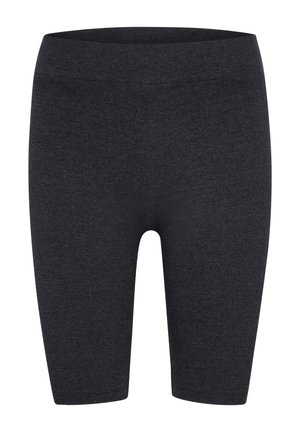 Dunkelgraue Leggings aus dehnbarem Material. Sie verfügen über einen glatten, elastischen Bund und reichen bis zur Mitte des Oberschenkels mit einem schlichten Design.