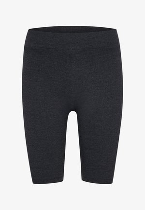 Mørkegrå tights lavet af strækbart stof. De har en glat, elastisk talje og når til midt på låret i længden med et enkelt design.