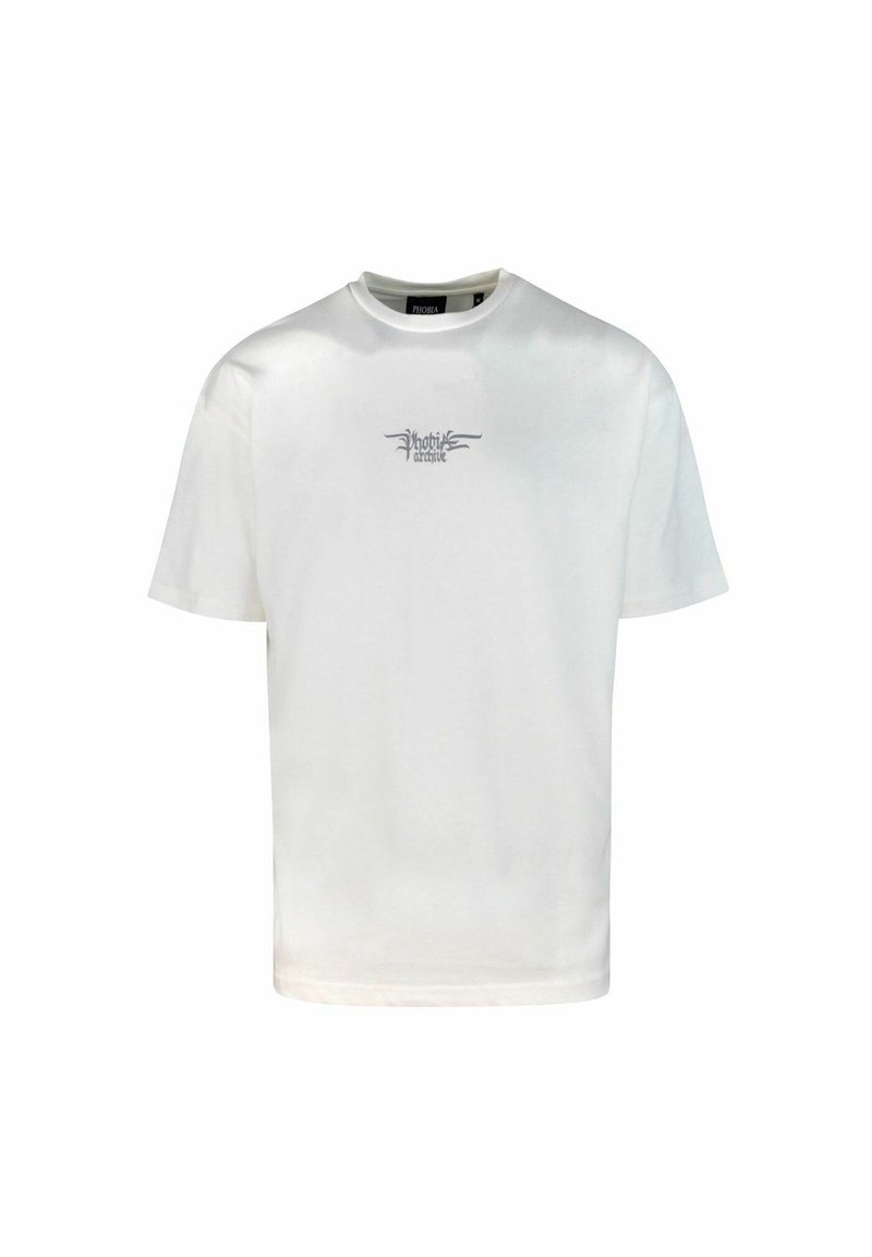 Weißes Baumwoll-T-Shirt mit Rundhalsausschnitt, kurzen Ärmeln und einem kleinen grauen Logo auf der Brust. Klassische Passform mit glatter Textur.