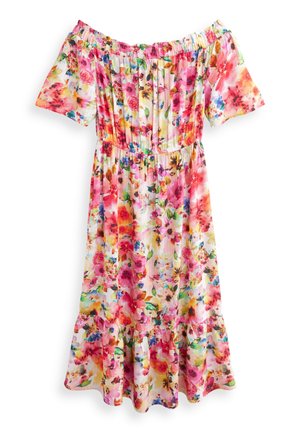 Robe fleurie épaules dénudées avec des fleurs roses, rouges et jaunes, manches courtes, encolure élastique, taille cintrée et ourlet à volants.