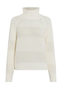 Cremfarbener Pullover mit Rollkragen aus grob gestricktem Material, ausgestattet mit gerippten Bündchen und Saum. Das Design weist subtile Variationen im Stitch-Muster auf.