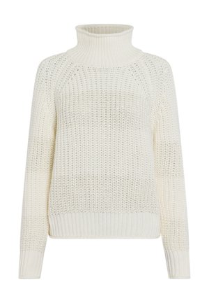 Cremfarbener Pullover mit Rollkragen aus grob gestricktem Material, ausgestattet mit gerippten Bündchen und Saum. Das Design weist subtile Variationen im Stitch-Muster auf.