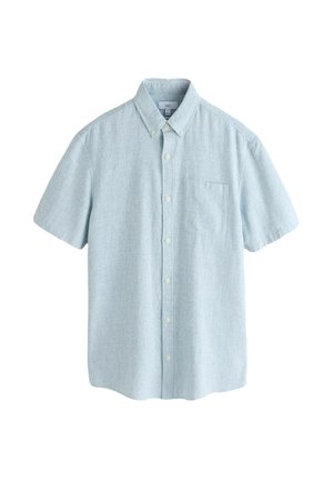 Kurzärmliges, knöpfbares Hemd aus leicht blauem Stoff mit feiner Textur. Verfügt über eine Brusttasche und abgerundetem Saum.