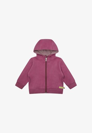 Felpa rosa con zip realizzata in tessuto morbido, dotata di cappuccio e tasche frontali. Presenta polsini a coste e una fodera interna a righe.