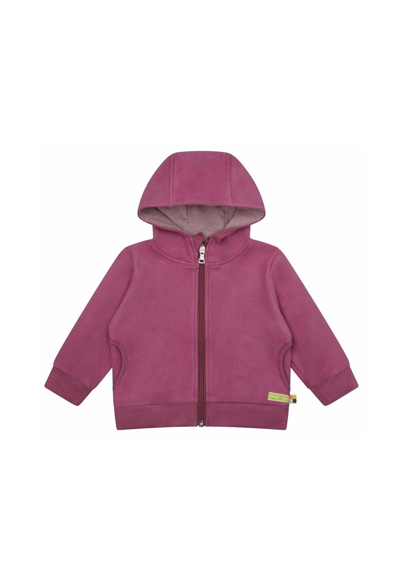 Rosa Zip-Hoodie aus weichem Stoff mit Kapuze und Fronttaschen. Mit gerippten Bündchen und gestreiftem Innenfutter.