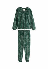 Divdaļīgs miega komplekts tumši zaļā audumā ar ziedu damaska rakstu; krekls ar garām piedurknēm un savilktu dekoltē, kā arī biksēm ar elastīgu jostu.