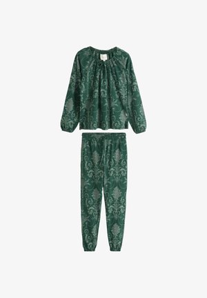 Dwuczęściowy zestaw do spania z ciemnozielonego materiału z kwiatowym wzorem damaskowym; bluzka z długim rękawem z marszczonym dekoltem oraz spodnie z elastycznym pasem.