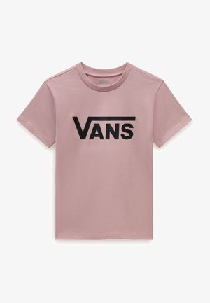 T-shirt in cotone rosa chiaro con un logo "VANS" nero di grandi dimensioni in un font audace sulla parte anteriore. Collo a giro standard e maniche corte.