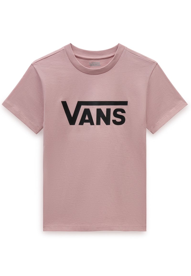 Jasnoróżowa koszulka bawełniana z wyraźnym czarnym logo "VANS" w wyrazistym kroju umieszczonym na piersi. Klasyczny okrągły dekolt i krótkie rękawy.