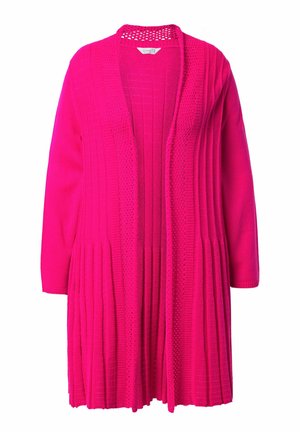 Lange, felroze gebreide cardigan met open voorkant en een textuur van rib- en netpatronen, ontworpen voor vrouwen.