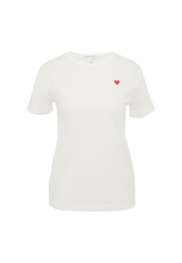 Witte katoenen t-shirt met korte mouwen, ronde hals, met een klein rood hart geborduurd op de linker borst.