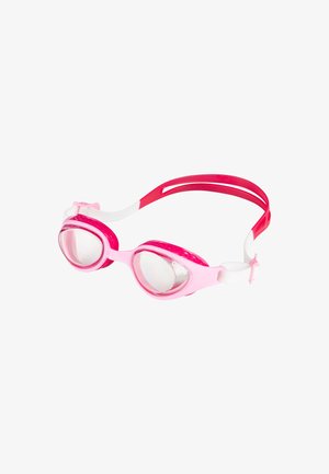 Occhialini da nuoto rosa con lenti trasparenti, dotati di una montatura flessibile e di un cinturino regolabile, accentuati da dettagli bianchi.