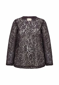 Langærmet top i dyb lilla blonde, med blomstermønstre, en V-halsudskæring og en let udvidet silhuet med en tekstureret overflade.