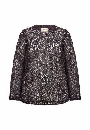 Langsleeve top in diep paarse kant, met bloemmotieven, een V-halslijn en een licht uitlopende silhouette met een gemêleerde afwerking.