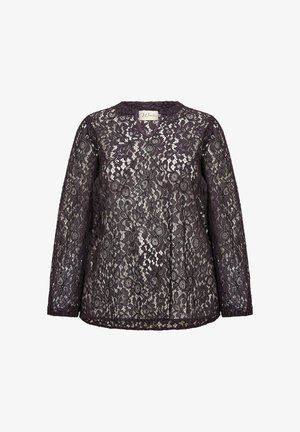 Langsleeve top in diep paarse kant, met bloemmotieven, een V-halslijn en een licht uitlopende silhouette met een gemêleerde afwerking.