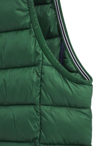 Grüne Pufferweste mit einem gesteppte Design, hoher Kragen, seitlichen Taschen und gestreiften Innenverzierungen. Glatte, glänzende Oberflächenstruktur.