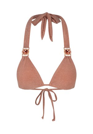 Top bikini triangolare in oro rosa con materiale luccicante, spalline regolabili a nodo e dettagli hardware decorati sulle spalle.