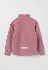 Fleece pullover in stoffige roze met een hoge kraag, raglanmouwen en een logopatch nabij de zoom. Zachte textuur met geribbelde manchetten.