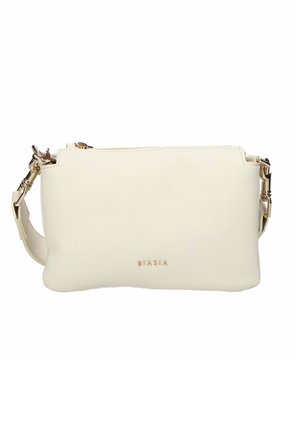 Borsa a tracolla rettangolare color crema con dettagli in metallo dorato, tracolla staccabile e logo "BIASIA" impresso al centro davanti.