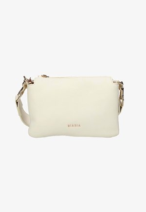 Borsa a tracolla rettangolare color crema con dettagli in metallo dorato, tracolla staccabile e logo "BIASIA" impresso al centro davanti.