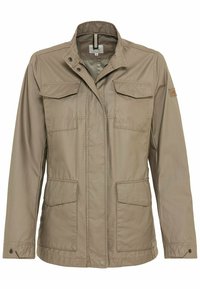 Beige, let jakke med fuld lynlås og trykknaplukning. Har fire frontlommer og en slank krave. Glat tekstur og holdbart materiale.
