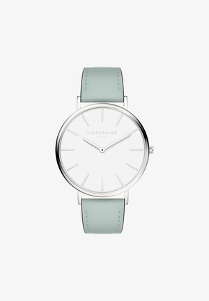 Runder silberner Uhr mit einem weißen Zifferblatt, silbernen Stundenmarkierungen und mintgrünem Lederarmband. Minimalistisches Design mit klaren, einfachen Linien.