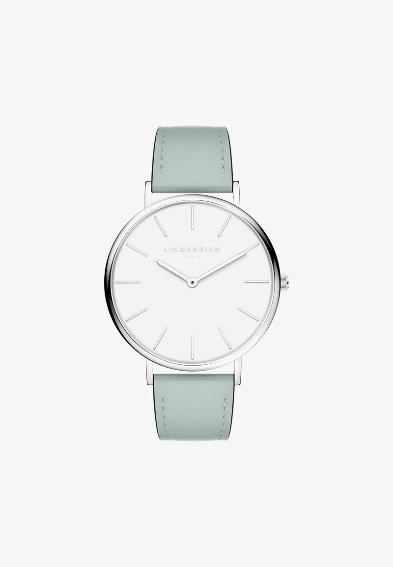 Runder silberner Uhr mit einem weißen Zifferblatt, silbernen Stundenmarkierungen und mintgrünem Lederarmband. Minimalistisches Design mit klaren, einfachen Linien.