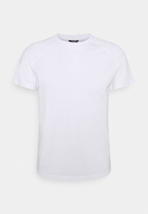 White cotton t-shirt with short sleeves, crew neckline, and a smooth texture. Features raglan sleeves and a straight hem.