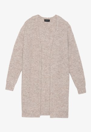 Beige knitted cardigan with a loose fit, open front design, long sleeves, and textured fabric. Features a subtle ribbed pattern.