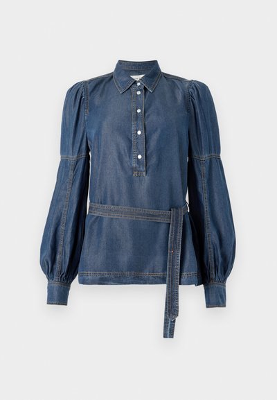 Denim shirt with a collar, buttoned placket, and puffed sleeves. Features a belted waist and contrast stitching. Dark blue color.