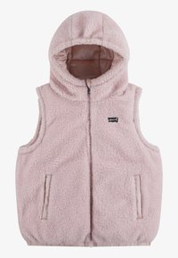 Pink fleece vest with a hood, zip closure, and side pockets. Soft texture, sleeveless design, and a small logo on the front.