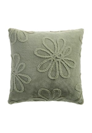 Soft green square pillow with raised floral patterns featuring large petals evenly spaced across its surface.