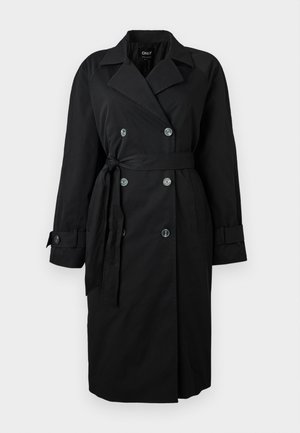 Svart dobbeltradet trench coat med brede revers, midjebelte knytt på venstre side, knappede mansjetter og frontlommer.