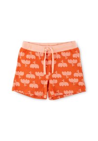 Orange shorts with a pink waistband, featuring a repeating pattern of lighter pink cloud shapes. Made from soft, breathable fabric.