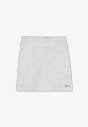 Biała spódnica z kwiatowej koronki o teksturowanej powierzchni, z konstrukcyjnym, prostym krojem i subtelnym logo na dole.