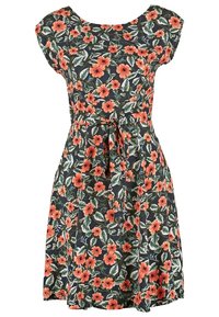 Květinové šaty s krátkými rukávy, tmavé pozadí, velké oranžové květy, zelené listy, stažený pas s detailem vázání, po kolena.