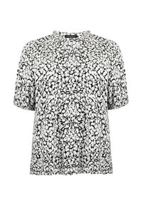 Blusa de manga corta en blanco y negro con un denso patrón de hojas y puños elásticos fruncidos.