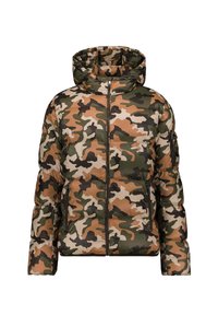 Giacca a vento trapuntata mimetica con cappuccio, caratterizzata da una combinazione di motivi verdi, marroni e neri, con zip frontale. Dotata di tasche laterali.