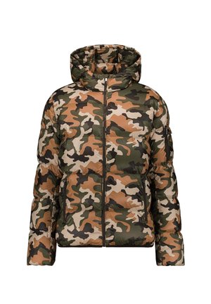 Giacca a vento trapuntata mimetica con cappuccio, caratterizzata da una combinazione di motivi verdi, marroni e neri, con zip frontale. Dotata di tasche laterali.