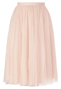 Gonna in tulle rosa chiaro, lunghezza al ginocchio, con design arricciato e cintura in satin, caratterizzata da una texture a pois.
